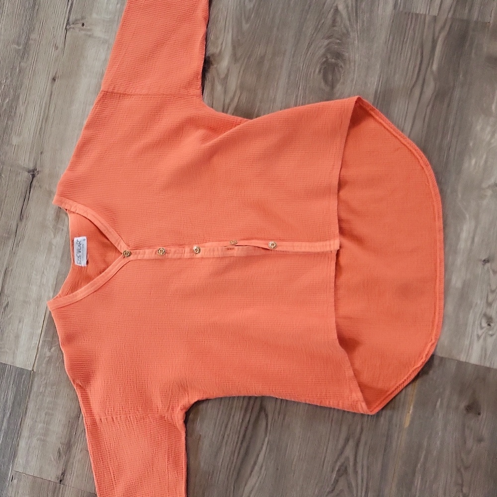 Women's Orange Waffle Button-Front High-Low Top